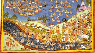As Rāma and the procession reach the banks of the river Sarayū, Brahmā and the gods appear to witness Rāma’s ascent and light the sky with an effulgent glow. Accompanied by chants of ‘Hail Viṣṇu’, Rāma enters the waters and ascends to heaven. He is accompanied by Sugrīva, his brothers, monkeys, bears and other humans. They willingly sacrifice their lives in order to ascend to heaven with him. The entire populace of Ayodhyā witnesses the heavenly event, some plunging into the waters in order to attain mokṣa (release from rebirth). They are shown ascending to the celestial realm with Rāma.
