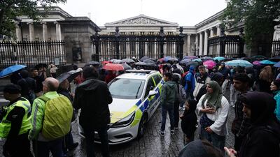 Police at the British Museum in London after a man was stabbed. Another man has been arrested. PA