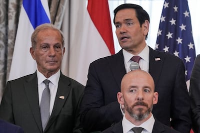 US State Department Counsellor Daniel Holler, left, US Secretary of State Marco Rubio and US ambassador to Lebanon Michel Issa, front. Reuters