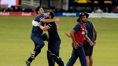 India's Deepak Chahar celebrates with Bhuvneshwar Kumar after winning the second ODi in Colombo.