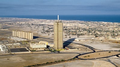 Dubai World Trade Centre in the late 1970s or early 1980s. It is an example of the UAE's modernist architecture. Alamy
