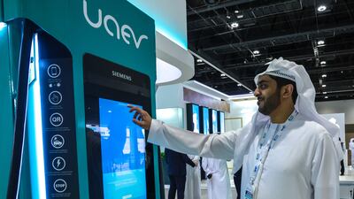 The UAEV charging station at the EVIS summit at Adnec Abu Dhabi. Victor Besa / The National