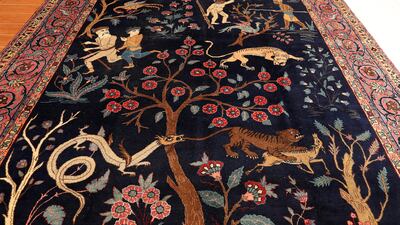 This 150-year-old handmade antique carpet with a mystical human evolution motif, made in Tabriz, Iran, costs $600,000.