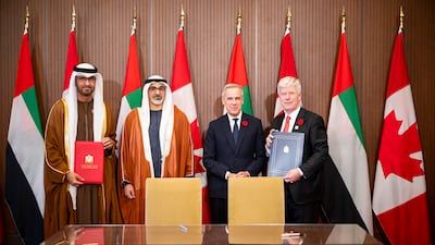 Sheikh Khaled and Mr Carney with Dr Al Jaber and Tim Hodgson, Canada’s Minister of Energy and Natural Resources