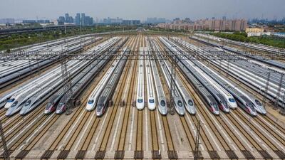 Bullet trains at a station in preparation for resuming operations after authorities lifted a more than two-month ban on outbound travel in Wuhan. AFP