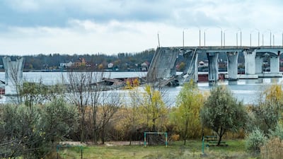 The Antonivsky bridge bridge destroyed by Russian army. Getty Images