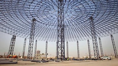 The giant dome-shaped steel roof skeleton for IMG Worlds of Adventure has been completed. The park is due to open next year. Razan Alzayani / The National