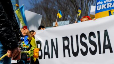 People participate in the #StandWithUkraine protest rally against the Russian invasion of Ukraine in Atlanta, Georgia, on Saturday. EPA