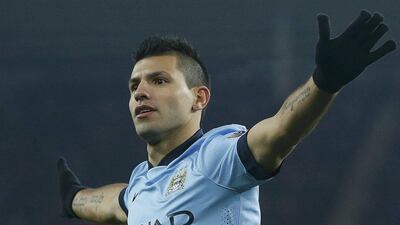 Manchester City's Sergio Aguero celebrates his second goal against Sunderland in his side's 4-1 Premier League victory at the Stadium of Light on Wednesday night. Andrew Yates / Reuters