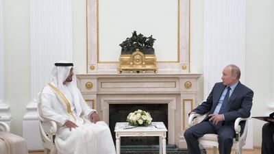 Sheikh Mohammed bin Zayed, Crown Prince of Abu Dhabi and Deputy Supreme Commander of the UAE Armed Forces (left), meets Vladimir Putin, President of Russia (right), at the Kremlin. Mohamed Al Hammadi / Crown Prince Court - Abu Dhabi