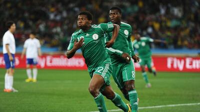 Kalu Uche, front, and Yakubu, seen here playing for Nigeria in 2010, will spearhead the attack for struggling Qatari club Al Rayyan against Al Jazira on February 25, 2014. Laurence Griffiths / Getty Images