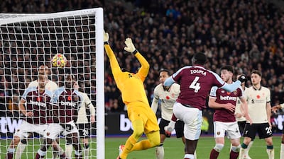 West Ham United's Kurt Zouma scores their third goal. Reuters