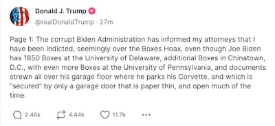 Donald Trump posted on Truth Social that he has been indicted. Photo: Screengrab