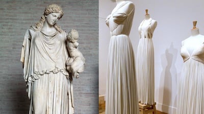 The statue of Eirence in a full-length peplos, left, a Grecian dress that influenced designer Germaine Krebs, aka Madame Grès, whose 1950s collection was shown at the Bourdelle Museum in Paris in 2011. DeAgostin / Getty Images; Jacques Demarton / AFP