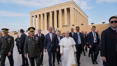 Pope Leo XIV arrives at the Ataturk Mausoleum in Ankara, Turkey. AP
