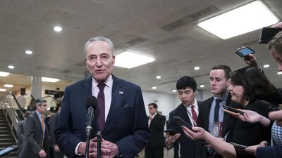 US Minority Leader Sen. Chuck Schumer speaks to reporters near the Senate subway in the US Capitol on February 3, 2020 in Washington, United States. Getty Images/AFP