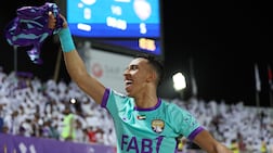 Soufiane Rahimi celebrates after Al Ain clinched the UAE Pro League title. Chris Whiteoak / The National