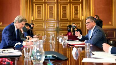 Cop26 organiser Alok Sharma (right) meets US climate change envoy John Kerry in London. Alok Sharma/Twitter