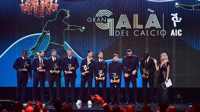 The Best XI on stage together at the Gran Gala del Calcio 2019 awards show. AFP