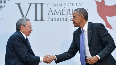 Cuban president Raul Castro shakes hands with US president Barack Obama in Panama City last month, thawing Cold War hostility. Mandel Ngan / AFP