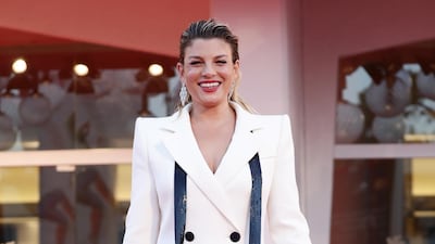 Emma Marrone in Giorgio Armani on the red carpet ahead of the movie 'Miss Marx' at the 77th Venice Film Festival. Getty Images