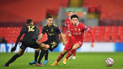 Curtis Jones in action during the Champions League match between Liverpool and Ajax. EPA
