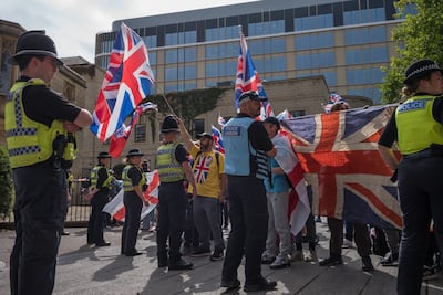 Demonstrators outside a hotel in Newcastle being used to house asylum seekers. Getty Images
