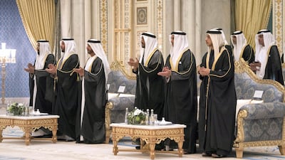 (R-L) HH Sheikh Mansour bin Zayed Al Nahyan, UAE Deputy Prime Minister and Minister of Presidential Affairs, HH Lt General Sheikh Saif bin Zayed Al Nahyan, UAE Deputy Prime Minister and Minister of Interior, HH Sheikh Nahyan Bin Zayed Al Nahyan, Chairman of the Board of Trustees of Zayed bin Sultan Al Nahyan Charitable and Humanitarian Foundation, HH Sheikh Suroor bin Mohamed Al Nahyan, HH Sheikh Hamdan bin Zayed Al Nahyan, Ruler’s Representative in Al Dhafra Region and HH Sheikh Tahnoon bin Mohamed Al Nahyan, Ruler's Representative in Al Ain Region, attend an MOU signing ceremony, held at the Presidential Palace. Photo: Mohamed Al Hammadi / Crown Prince Court - Abu Dhabi