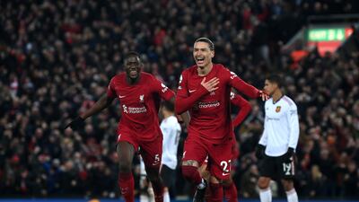 Darwin Nunez of Liverpool celebrates after scoring against Manchester United. Getty