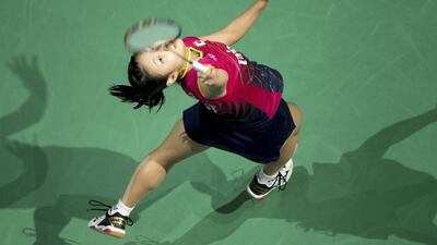 Nozomi Okuhara of Japan in action against Carolina Marin. Getty Images for Falcon