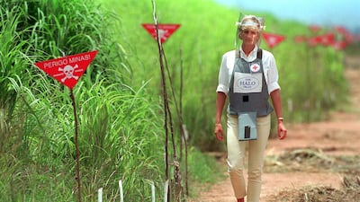 The charity first gained international recognition for its de-mining work in 1997 when the late Princess Diana walked in Halo protective kit across a minefield in Angola. Getty Images