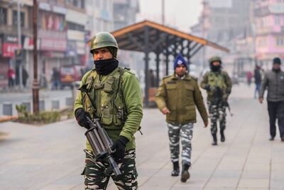 Indian paramilitary soldiers at the main market in Srinagar, Indian-administered Kashmir, on Monday. AP