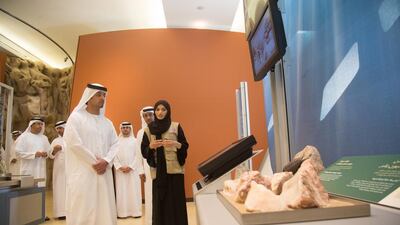 Sheikh Hazza bin Zayed with Ali Al Mansouri, head of the Economic Development Committee and Chairman of the Department of Economic Development of Abu Dhabi Executive Council, Dr Ahmed Mubarak Al Mazrouei, Chairman of the Abu Dhabi Water and Electricity Authority, and other executives. Hamad Al Kaabi / Crown Prince Court - Abu Dhabi