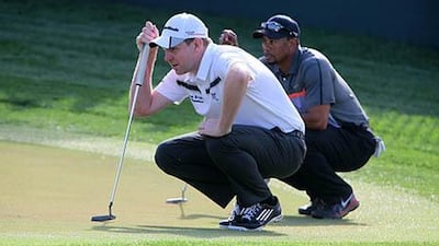 Stephen Gallacher, left, finished with a 6-under-par 66 on Thursday. is Pawan Singh / The National