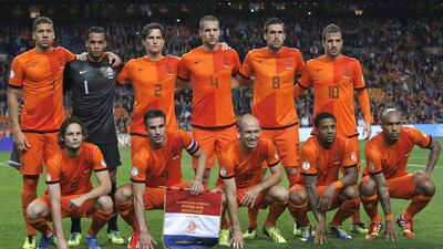Netherlands team photo taken during World Cup qualifying on October 11, 2013. Peter Dejong / AP
