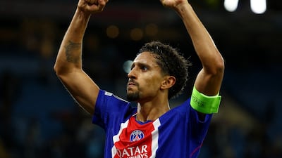 Paris Saint-Germain's Marquinhos celebrates their win over Manchester City. Reuters