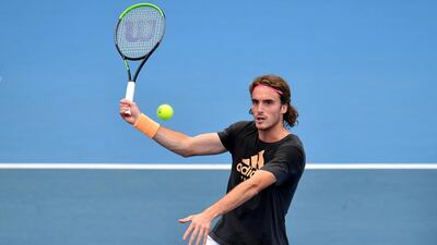 Stefanos Tsitsipas takes part in a practice session for the ATP Cup at the Queensland Tennis Centre in Brisbane. EPA