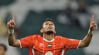 Ajman's Waleed Ahmed Hassan celebrates after scoring against Al Shabab in their Etisalat Cup semi-final. Ashraf Umrah / Al Ittihad