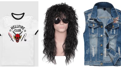 Dress as Eddie Munson from ‘Stranger Things’: curly wig, Dh65.20, www.lightinthebox.com; 'Stranger Things 4' Hellfire Club T-shirt, $30.00, www.netflix.shop; Yynuda sleeveless denim jacket, Dh139.00, www.fruugo.ae. Photo: Light in the box, Netflix, Yynuda