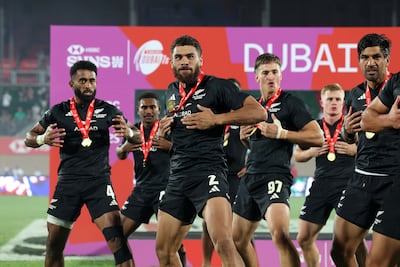 New Zealand players perform the haka after the men's teams beat Australia in the Dubai Sevens world series final. Chris Whiteoak / The National