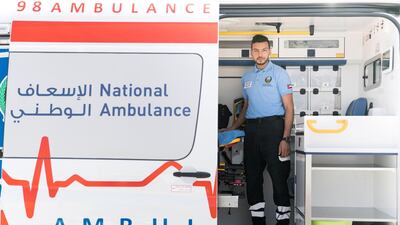 Mohammed Alshdaifat in his ambulance at Al Refaa Civil Defence in Ras Al Khaimah. Reem Mohammed / The National