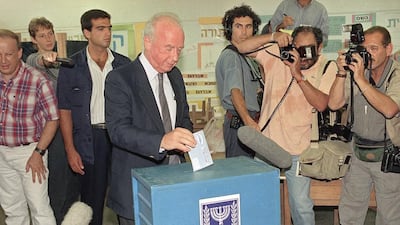 Yitzhak Rabin casts his vote at polling station on Tuesday, June 23, 1992 in Israel's general elections. Nati Harnik / AP Photo