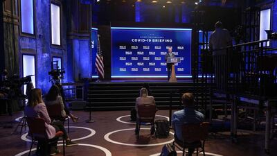 Democratic presidential nominee and former Vice President Joe Biden takes questions from reporters after a virtual coronavirus briefing with medical professionals in Wilmington, Delaware. AFP