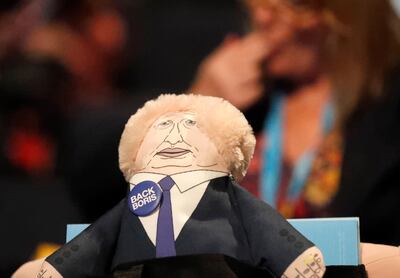 A Boris Johnson doll on display at the Conservative Party Conference in Manchester. Frank Augstein / AP