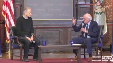 Geoffrey Hinton and Senator Bernie Sanders at a discussion on AI at Georgetown University, Washington, on Tuesday.