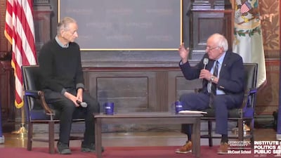 Geoffrey Hinton and Senator Bernie Sanders at a discussion on AI at Georgetown University, Washington, on Tuesday.