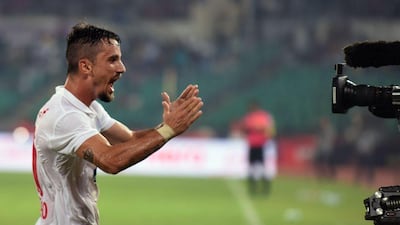 Delhi Dyanamos forward Marcelinho celebrates a goal against Chennaiyin on Thursday in the Indian Super League. Arun Sankar / AFP / October 6, 2016