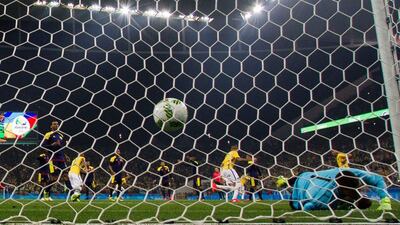 Neymar of Brazil (out of frame) scores against Colombia during their Rio 2016 Olympic Games men’s football quarter-final match Brazil vs Colombia at the Corinthians Arena in Sao Paulo, Brazil, on August 13, 2016. Miguel Schincariol / AFP
