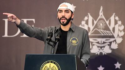Salvadoran President Nayib Bukele delivers a press conference at a hotel in San Salvador, on February 28, 2021. AFP