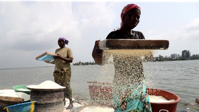 Women in Abidjan, Ivory Coast, prepare cassava flour for the traditional dish of acheke. EPA